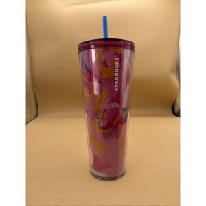 NEW STARBUCKS Spring 2023 Pink Floral Cold Cup Tumbler Venti 24 oz Blue Straw
